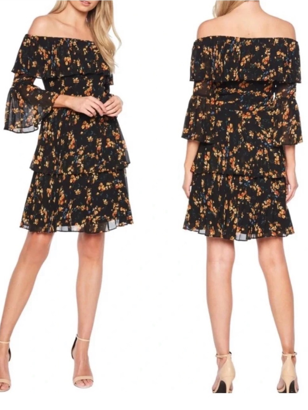 Bardot Ditsy Pleaded Black Off-Shoulder Floral Tiered Mini Dress